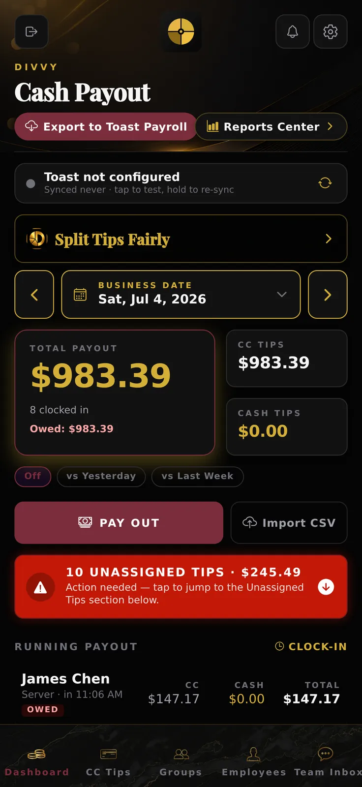 Divvy dashboard showing daily tip totals and payouts