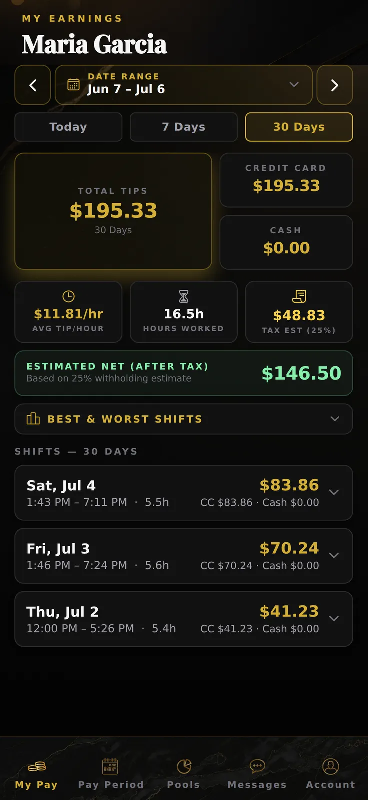 Divvy employee earnings screen with tips, hours, and pay-period totals