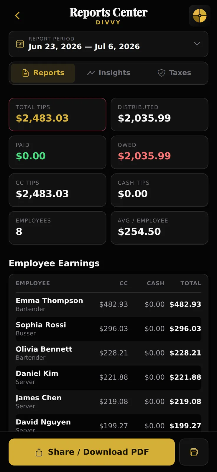 Divvy Reports Center with date-ranged earnings reports
